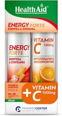 Health Aid Energy Forte Γεύση Τροπικά Φρούτα 20 Αναβράζοντα Δισκία & Vitamin C 1000mg Γεύση Πορτοκάλι 20 Αναβράζοντα Δισκία