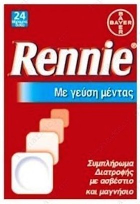 Bayer Rennie Ice Αντιμετώπιση Συμπτωμάτων Καύσους Στομάχου/Γαστρικών Ενοχλήσεων 24 Μασώμενα Δισκία Cool Mint Χωρίς Ζάχαρη