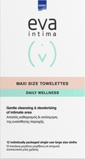 Intermed Eva Intima Fresh Clean Towelettes Μαντηλάκια Καθαρισμού Της Ευαίσθητης Περιοχής 12 Τεμάχια Μεγάλου Μεγέθους