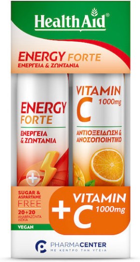 Health Aid Energy Forte Γεύση Τροπικά Φρούτα 20 Αναβράζοντα Δισκία & Vitamin C 1000mg Γεύση Πορτοκάλι 20 Αναβράζοντα Δισκία
