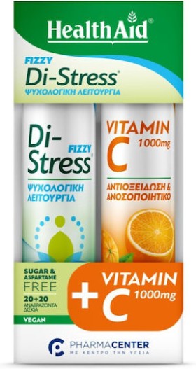 Health Aid Fizzy Di-stress Combo Pack Συμπληρωμα Διατροφής Καλή Ψυχολογική Λειτουργία & Βιταμίνη C 1000mg 2x20 Αναβράζοντα Δισκία