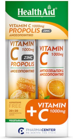 Health Aid Vitamin C 1000mg Propolis Zinc Γεύση Μέλι-λεμόνι 20 Αναβράζοντα Δισκία & Vitamin C 1000mg Γεύση Πορτοκάλι 20 Αναβράζοντα Δισκία
