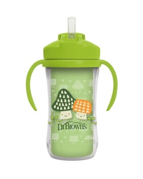 Dr. Browns Παιδικό Ποτηράκι με Λαβές και Καλαμάκι από Πλαστικό Πράσινο 300ml