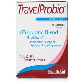 Health Aid Travel Probio Συμπλήρωμα Διατροφής Προβιοτικών 4δις, με Πρεβιοτικά (FOS) για Εύρρυθμη Εντερική Λειτουργία 15 Κάψουλες