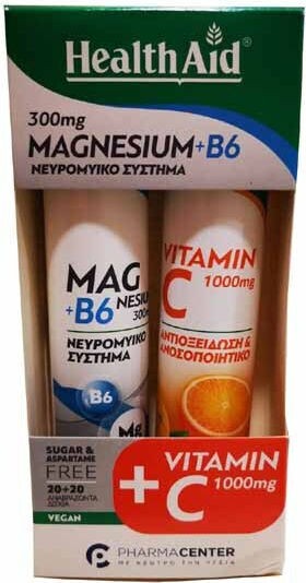 Health Aid Promo Magnesium + B6 Συμπλήρωμα Διατροφής Για Την Κόπωση 20 αναβράζοντα δισκία & Vitamin C Συμπλήρωμα Διατροφής Με Βιταμίνη C 1000mg 20 αναβράζοντα δισκία