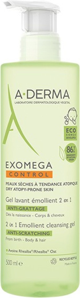 A-Derma Exomega Gel Lavant Emollient 2 en 1 Ζελ Καθαρισμού Σώμα/Μαλλιά για Βρέφη-Παιδιά Ξηρό/Ατοπικό Δέρμα 500ml